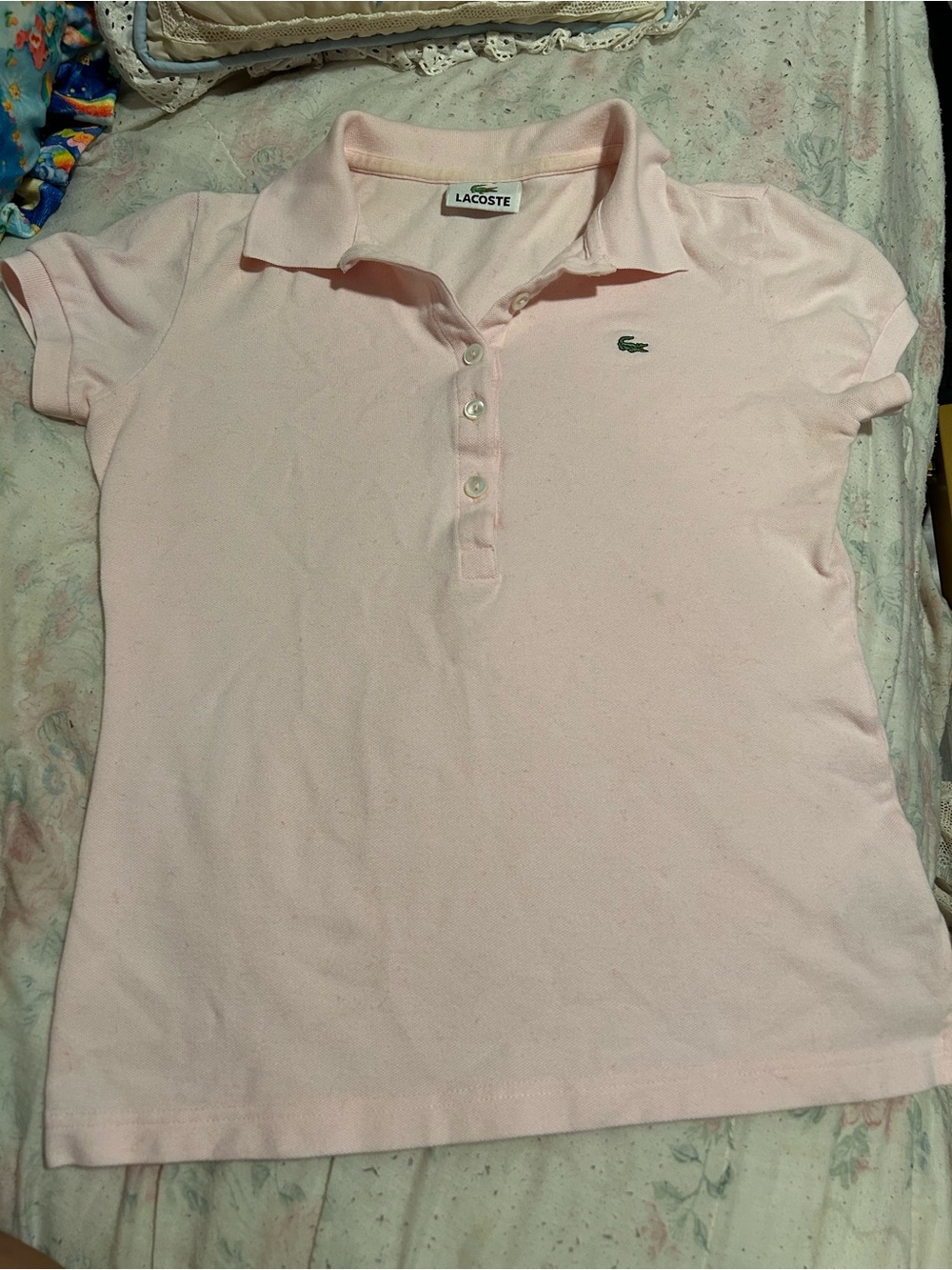 Lacoste Light Pink Girls' Short-Sleeve Polo with Green Croc
